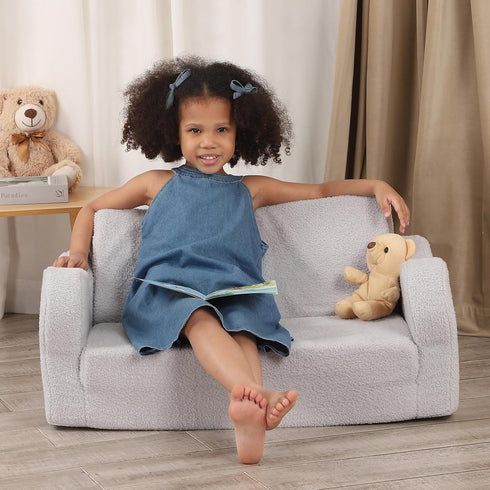 2-in-1 Extra Wide Toddler Chair, Toddler Couch Fold Out, Convertible Sherpa Sofa to Lounger for Boys & Girls, Grey