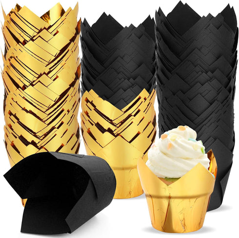 Augshy 120 Pcs Graduation Cupcake Liners, Black and Gold Tulip Aluminum Foil Baking Cups for Grad Wedding Birthday