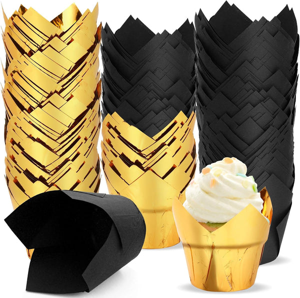 Augshy 120 Pcs Graduation Cupcake Liners, Black and Gold Tulip Aluminum Foil Baking Cups for Grad Wedding Birthday