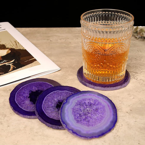 Set 4, Purple Agate Coasters of Natural Stone Drink Coasters with Unique Patterns, Decorative Table Coasters for Coffee