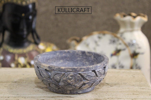 Marble Soapstone Natural Smudge Pot, Stone Bowl for Scrying and Smudge (5 Inch) from India, Handmade Leaf Carved Design