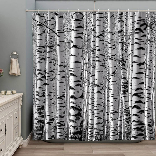 Birch Trees Shower Curtain, Rustic Landscape Bathroom Accessories Set with Hooks, 70Wx70H Inch