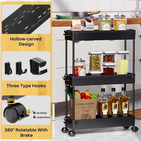 3 SPACEKEEPER Slim Rolling Storage Cart, Tier Bathroom Storage Organizer Laundry Room Utility Cart Mobile Shelving