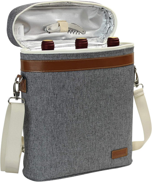 3 Bottle Insulated Wine Tote Carrier Bag - Portable Travel Padded Wine Cooler with Corkscrew Opener