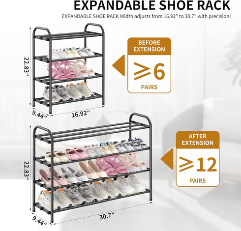 Hleelomi 4-Tier Closet,Living Expandable Shoe Rack for EntrywayAdjustable Metal Shoe Organizer for Room,Dorm,Black