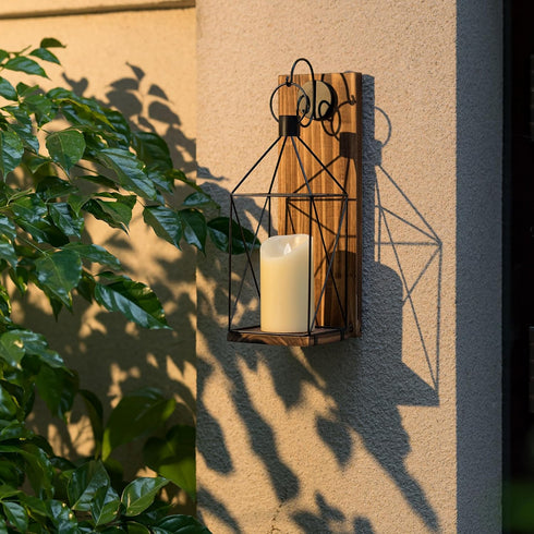 Candle Sconces Wall Decor: Farmhouse Wood Candle Holder Indoor Black Metal Lantern Decorations for Living Room Front