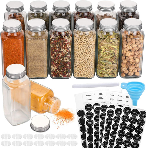 AOZITA 14 Pcs Glass Spice Jars with Labels, 8oz Empty Square Bottles, Shaker Lids, Airtight Caps