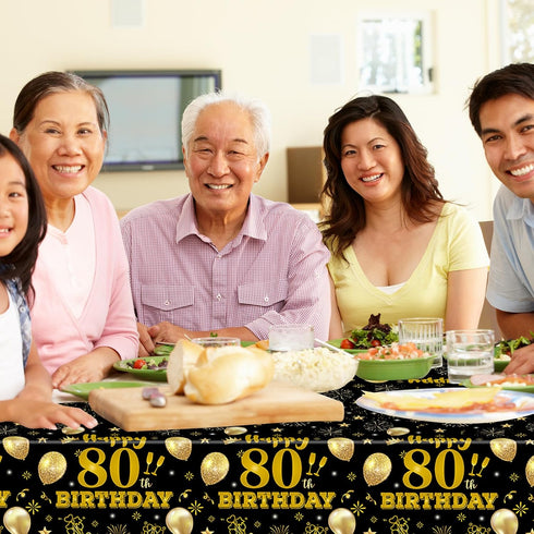 2 Pack 80th Tablecloths,54 108 inch Birthday x Disposable Black and Gold Plastic Waterproof Rectangular Table Covers