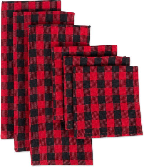 DII Buffalo Check Kitchen Collection - Classic Farmhouse Dishtowel Set, 18x28, Red & Black, 6 Piece