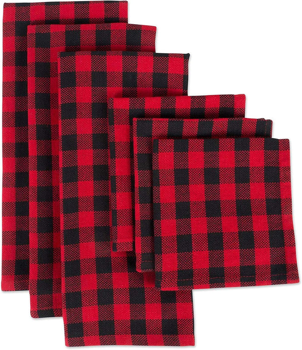 DII Buffalo Check Kitchen Collection - Classic Farmhouse Dishtowel Set, 18x28, Red & Black, 6 Piece