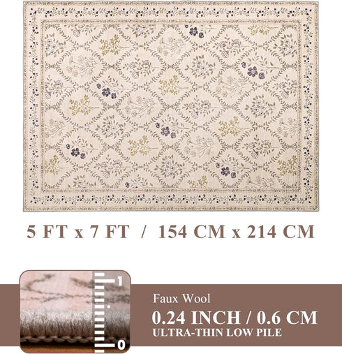 5x7 YIHOUSE Washable Area Rugs for Bedroom Girls, Beige Floral Rug for Living Room Non Slip Ultra-Thin, Large Boho