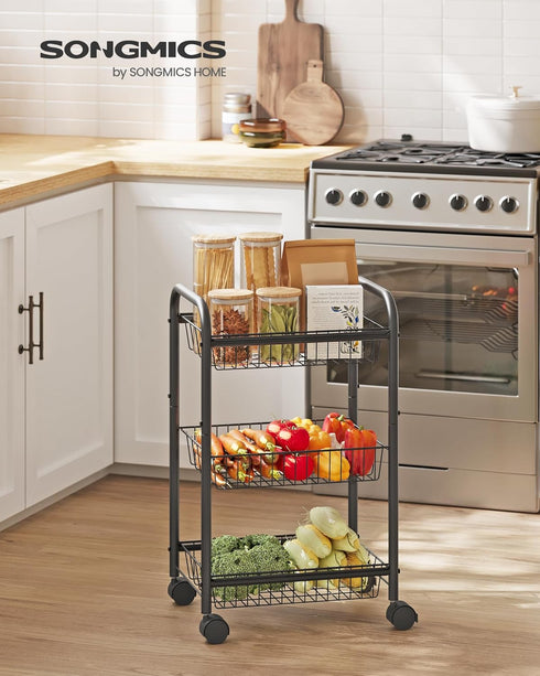 SONGMICS 3-Tier Metal Rolling Cart with Baskets, Lockable Utility Trolley on Wheels for Kitchen Bathroom Closet, Black