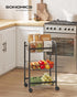 SONGMICS 3-Tier Metal Rolling Cart with Baskets, Lockable Utility Trolley on Wheels for Kitchen Bathroom Closet, Black