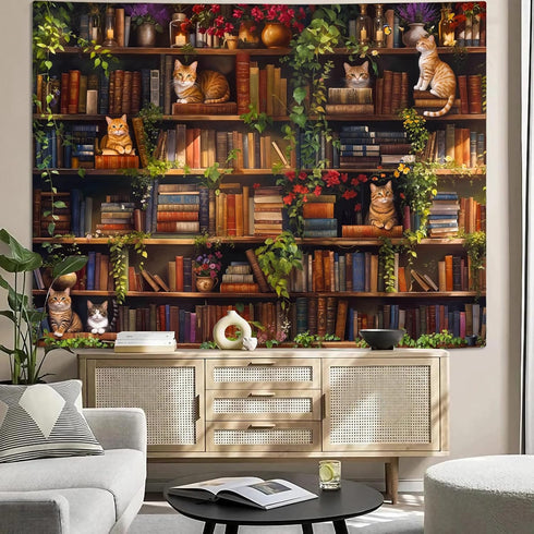 Accnicc 60 44 inch Plant Cat Bookshelf Tapestry Botanical Floral Flower Cats Book Tapestries Wall Hanging Vintage