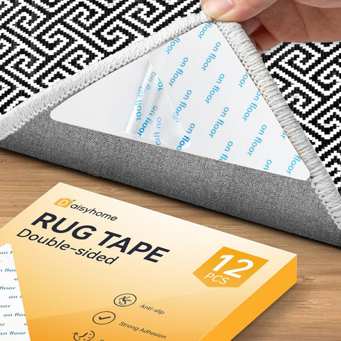 12 PCS Rug Tape - Double Sided Adhesive Gripper for Hardwood Floors, Reusable Anti-Slip Rug Grips