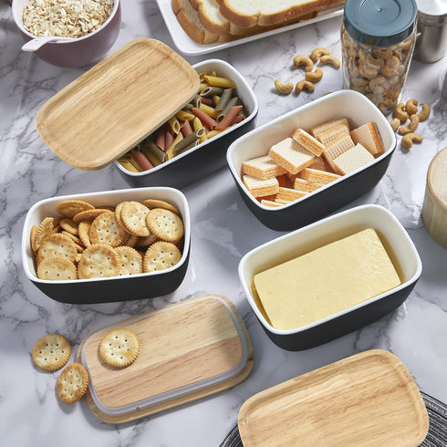 Countertop 3 ALELION Ceramic Butter Container with Airtight Wooden Lid - Black Butter Keeper Crock for - Holds Up