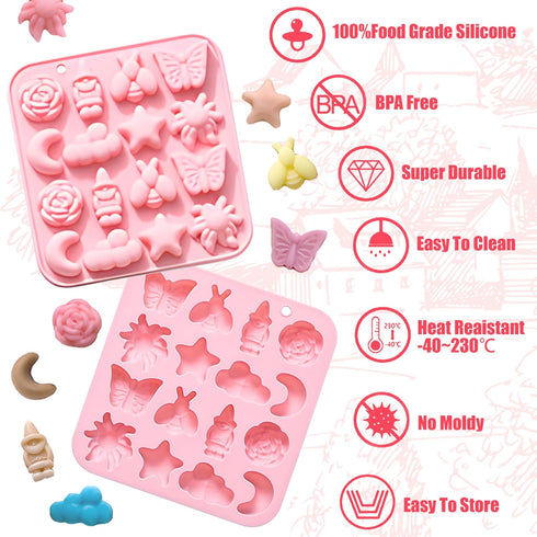 Pastoral Style Silicone Chocolate Mold, 16 Cavity Butterfly Bee Flower Moon Star Cloud for Candy, Jelly, Cake Decoration