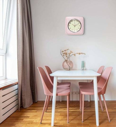 Infinity Instruments Square Silent Retro Wall Clock, 9 inch Mid Century Modern Kitchen Diner Quartz Sweep Movement, Pink