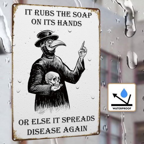 HIDEGRASS Wash Your Hand Plague Doctor Gothic Decor Wall Art Tin Sign for Bathroom or Bedroom 8 X 12 Inch