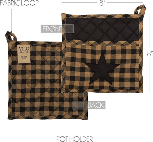 VHC Brands Black Star Cotton Pot Holder, 8x8, Black
