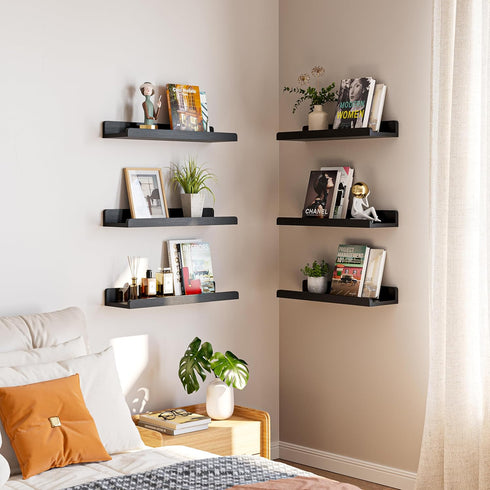 YUFLINX 16Black Set 6,Rustic Floating Shelves for Wall of Wood Shelf for Room Decor/Storage/Display,Small