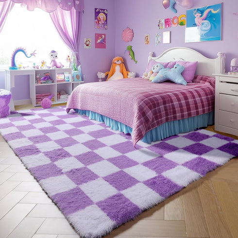KICMOR 5x8 Purple Rugs for Living Room Bedroom, Fluffy Soft Checkered Area Rug Fuzzy Shag Shaggy Carpet, Indoor Furry