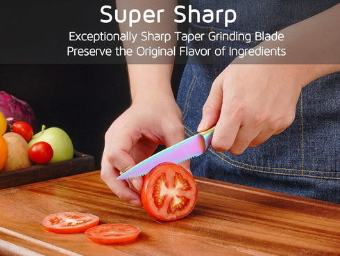 WELLSTAR Utility Knife, 4 Inch Serrated Paring Knife with Super Sharp Rainbow High Carbon Stainless Steel Blade for Fruit Vegetable Cutting Peeling Slicing by WELLSTAR