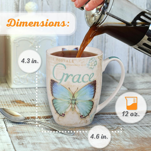 Christian Art Gifts Botanic Blue Butterfly Ceramic Coffee Mug, 12 oz - Inspirational with Bible Verse: Grace - Eph. 2:8