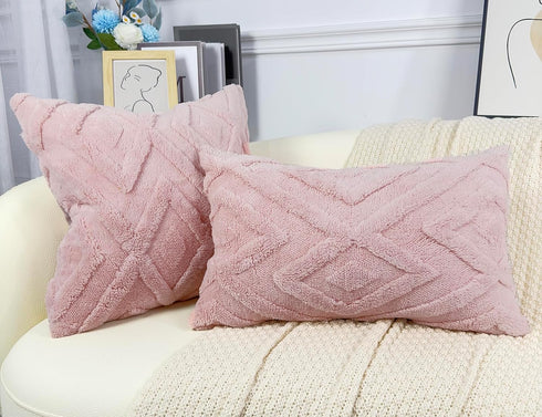 Set 2 28x28,Soft of Faux Fur Extra Large Pink Throw Pillow Covers Checkborad Pattern Decorative Boho Pillow Cover Case