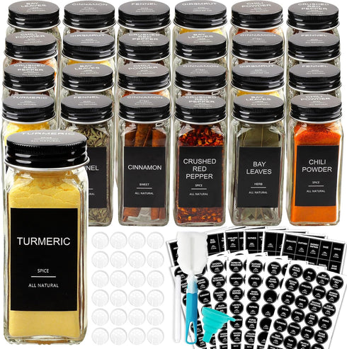 AISIPRIN 24 Pcs Glass Spice Jars with 398 Labels, 4oz Empty Square Spice Containers with Shaker Lids, Funnel, Brush and