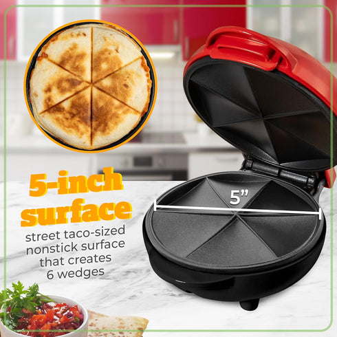Nostalgia Taco Tuesday Quesadilla Maker – 5 Inch Cooking Surface for Mini Quesadillas, Red
