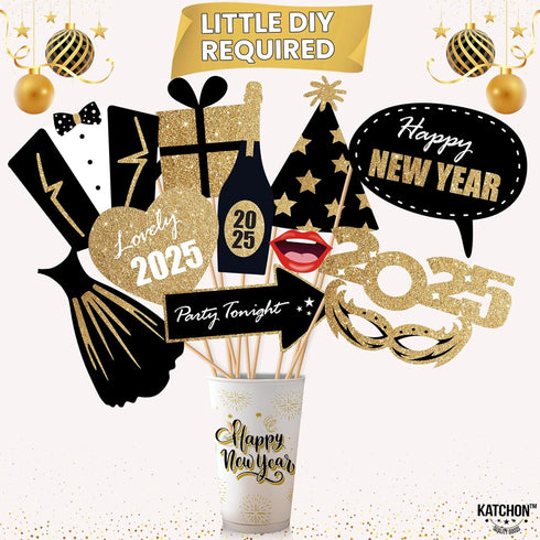 KatchOn Glitter New Years Photo Booth Props 2025 - Pack of 32 for New Years Eve Party Supplies and Decorations