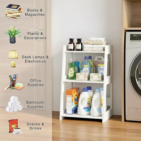 3-Tier (11.8" 15.7" 27.6" Bathroom Ladder Shelf Freestanding, White Floor Shelves Open Shelving Unit, Small Bookshelf