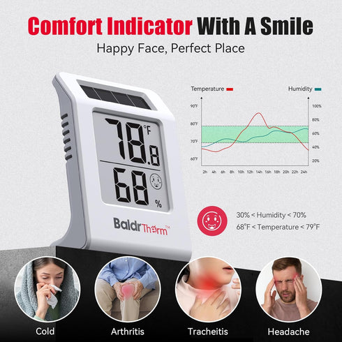 2.2'' 1Pack BaldrTherm Digital Thermometer and Hygrometer Meter, Solar-Powered Indoor Temperature Sensor Humidity