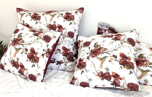 Tache Floral Red White Euro Sham, 26 inch Quilted 1pc Rose Garden Hummingbirds Microfiber Square Pillow Cover