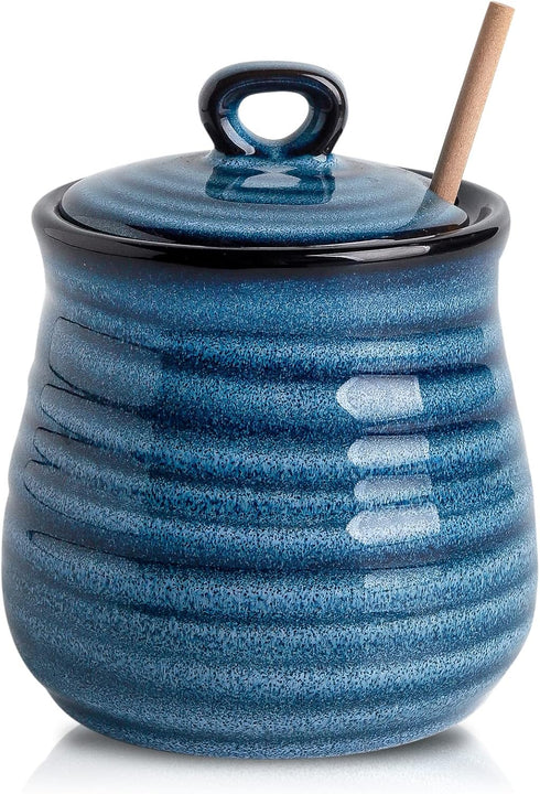 HASENSE Ceramic Honey Pot with Lid, 12 Ounce HoneyJar with Wooden Dipper,