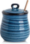 HASENSE Ceramic Honey Pot with Lid, 12 Ounce HoneyJar with Wooden Dipper,