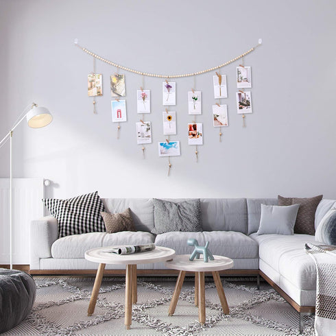 Wall Hanging Photo Display with Wood Beads Garland, Collage Picture Frame with 30 Clips for Rustic Home, Office &