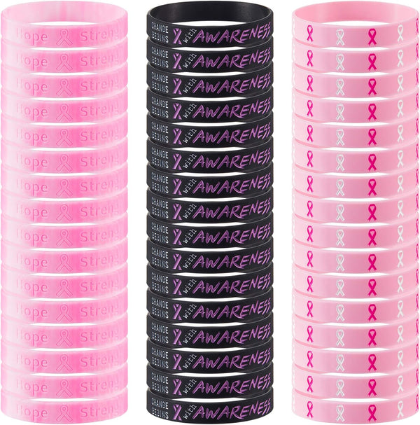 48 Pcs Pink Ribbon Breast Cancer Awareness Bracelets, Silicone Wristbands for Party Supplies