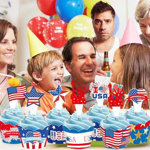 24 PCS 4th of July Cupcake Toppers, USA Patriotic Cupcake Liners for Cake Decoration Supplies