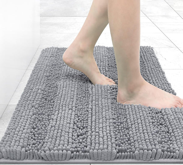 Grandaily Chenille Striped Bathroom Rugs 30x20 - Extra Thick Absorbent Non-Slip Plush Bath Mats, Grey