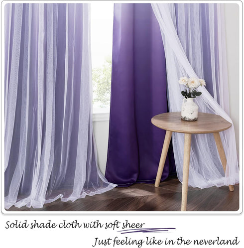 72 inches 52" 2 PONY DANCE Bedroom Curtains Long - Double Layered Ombre Panels with White Sheer Overlay, Purple Bedroom