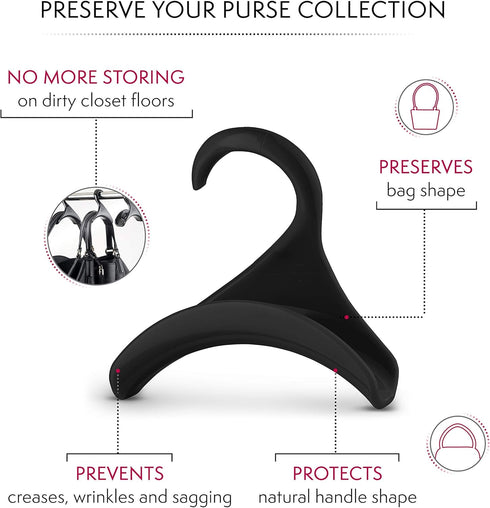 Bag-a-Vie Purse Hanger for Closet, Handbag Organizer Hooks for Hanging Bags & Purses, Black Plastic