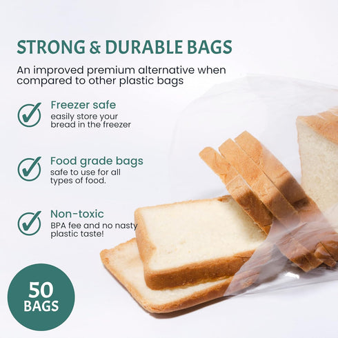 50 Pack 6 3 15) Reusable Plastic Bread Bags for Homemade - Clear Bag with Ties For An Airtight Moisture-free