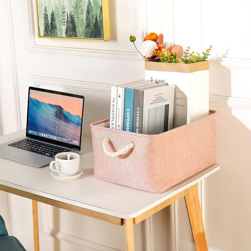 Storage Bins with Sturdy Cotton Handles (1 Pack), Fabric Baskets for Organizing Office & Home (Small, Pink)