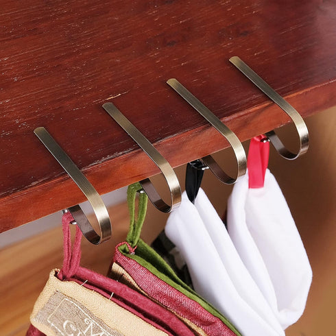 Christmas Stocking Holders for Mantle, Set of 6 Mantle Clip Fireplace Hooks for Holiday Decoration Supplies - Brass