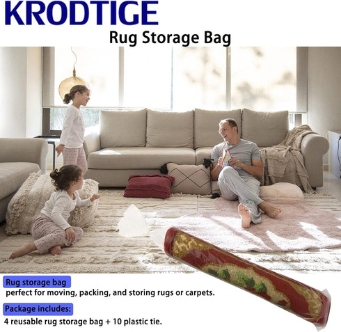 Clear Carpet Bag, 4 Pcs Plastic Rug Storage Bag with 10 Ties, Fits Rugs up to 5' x 7', Heavy Duty for Moving and Storage