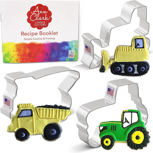Ann Clark Construction Cookie Cutters 3-Pc. Set Made in USA, Bulldozer, Dump Truck, Tractor