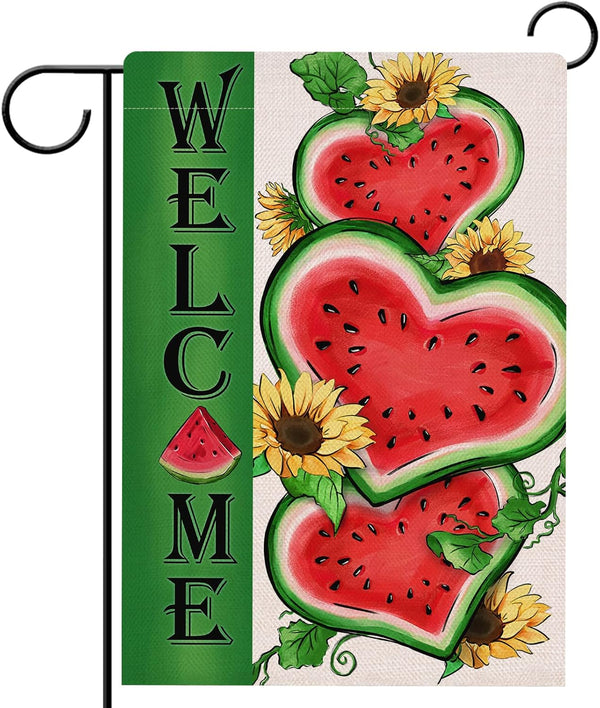 Welcome Summer Watermelon Garden Flag, Double Sided Sunflower Decorative Outdoor Home Decor, 12 x 18
