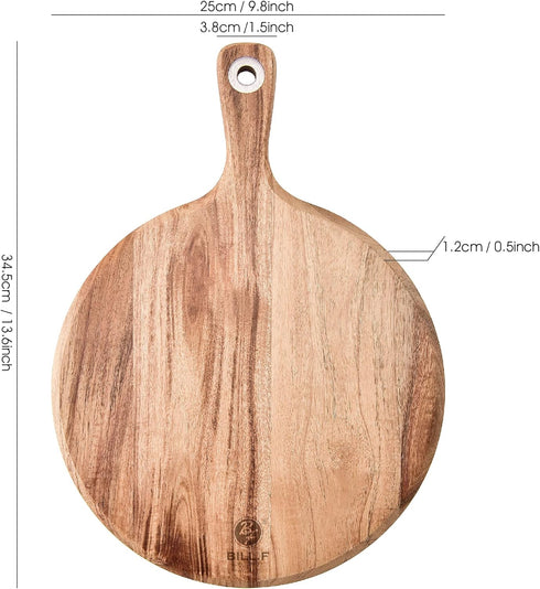 BILL.F Acacia Wood Pizza Peel, 10" Cutting Board, Cheese Paddle Board, 14x10x0.5 Inch